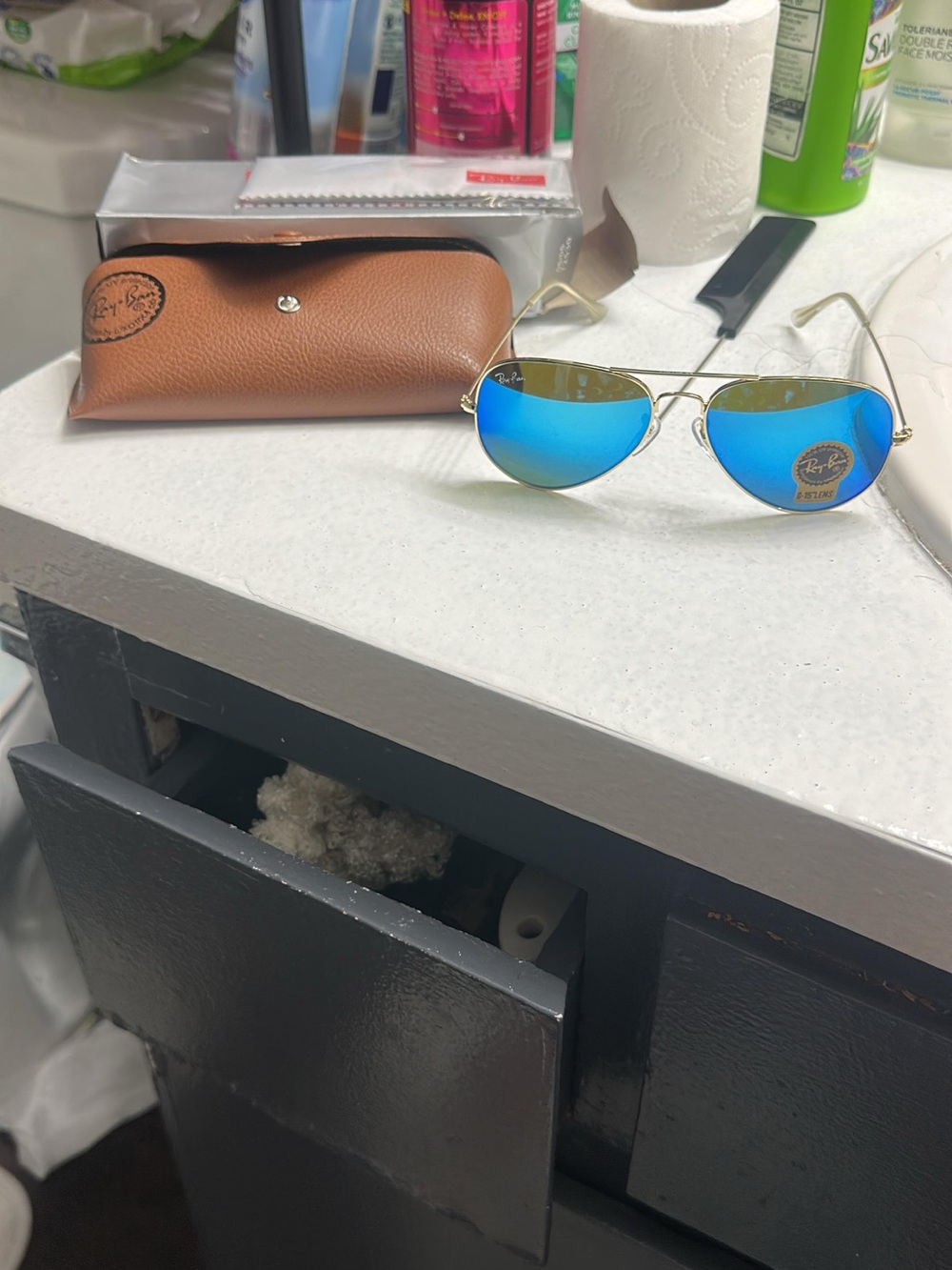 Ray-Ban Gold Frame Sunglasses with Blue Mirrored Lenses